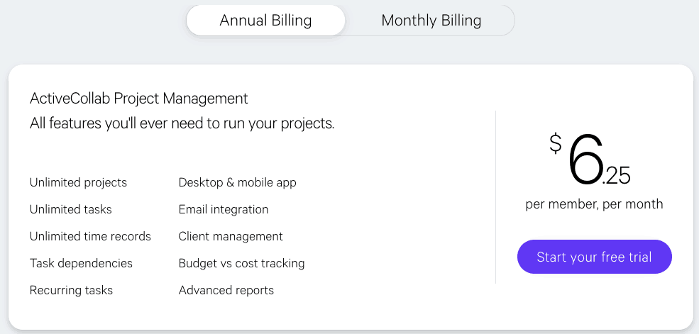 pricing ActiveCollab subscription.