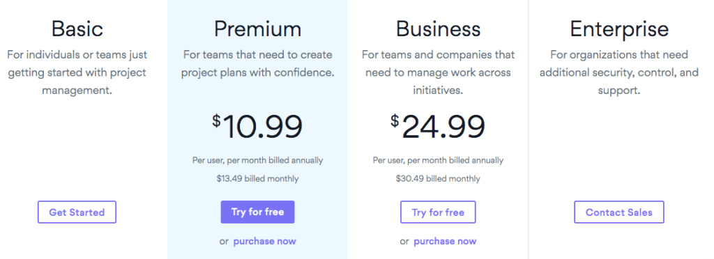 Asana pricing by plan page
