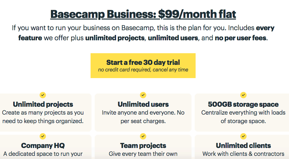 Basecamp for Business flat tarif example