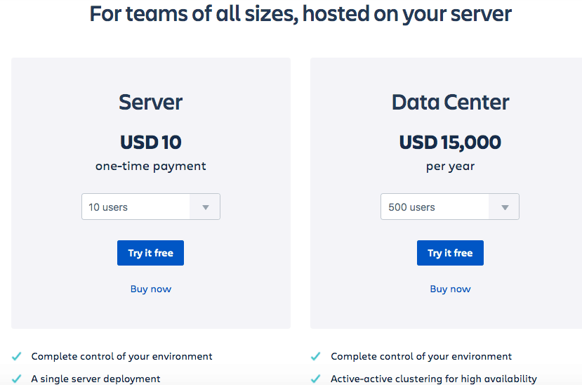 Confluence hosting price page description by server or data center.