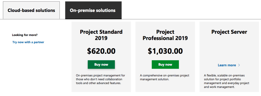 Microsoft project pricing page on premise example