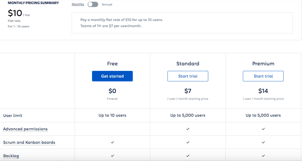 Jira pricing page example